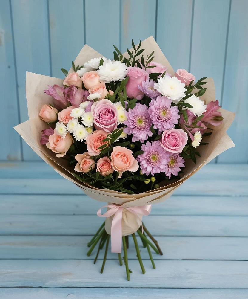 Букет цветов из: Хризантемы, Розы и Альстромерии в Восточный