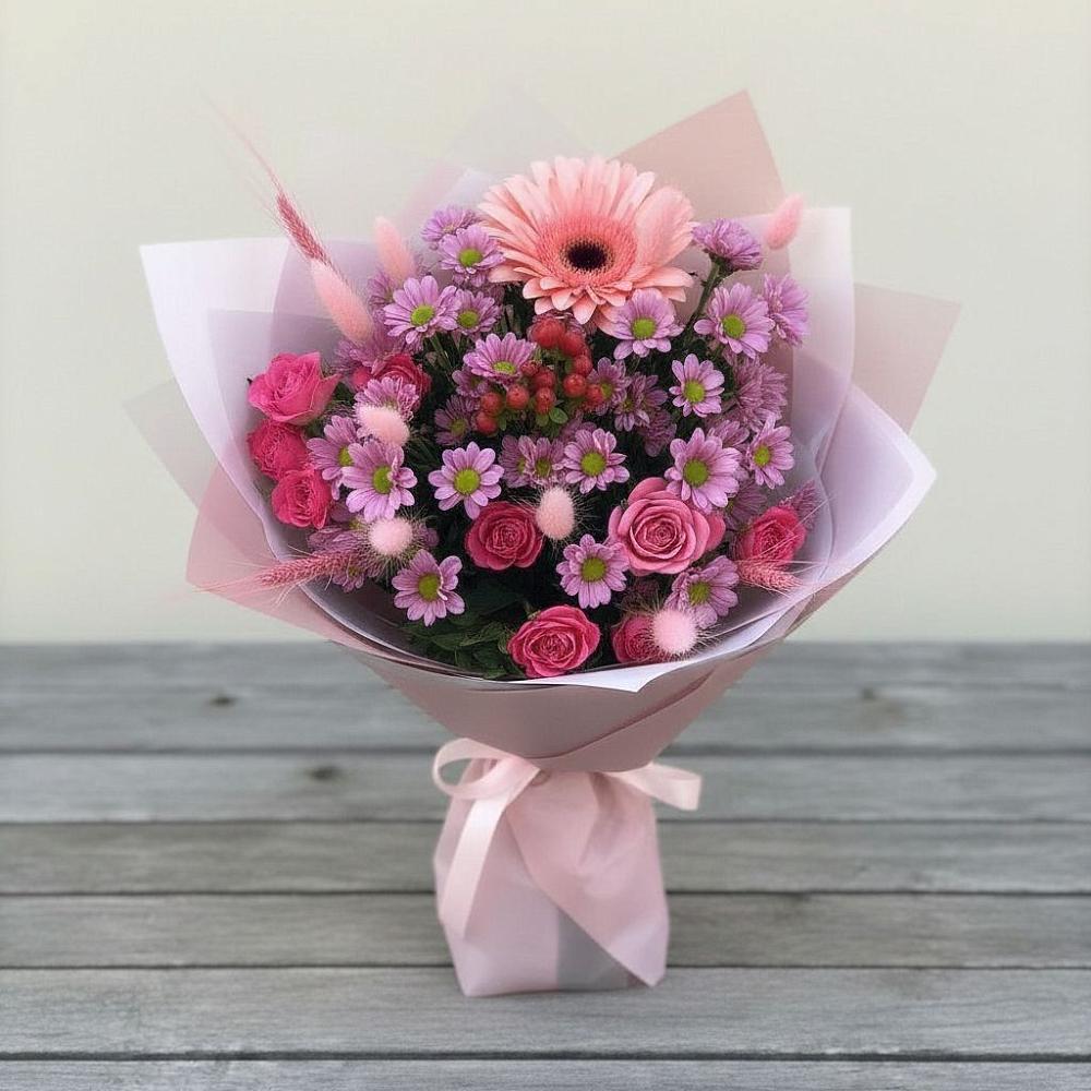 Букет цветов из: Розы, Герберы и Хризантемы в Восточный