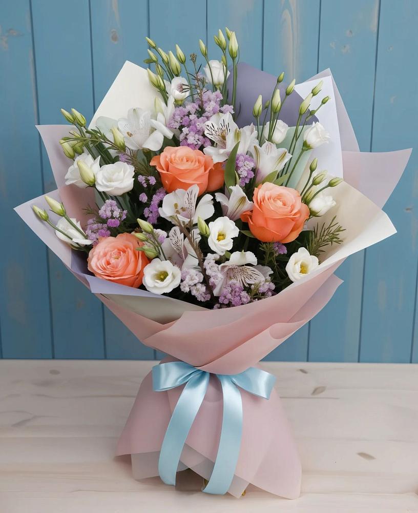 Букет цветов из: Лизиантусы, Розы, Альстромерии и Гипсофила в Восточный