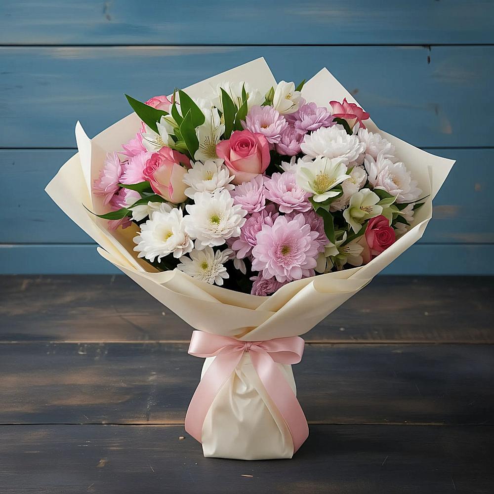 Букет цветов из: Хризантемы, Альстромерии и Розы в Восточный